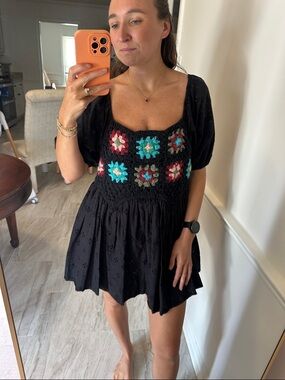 Black floral crochet mini dress